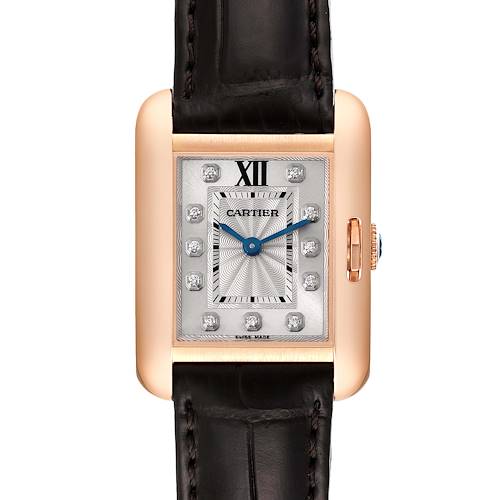 The Cartier Tank Anglaise watch is shown from a front view, highlighting its face, bezel, and strap.