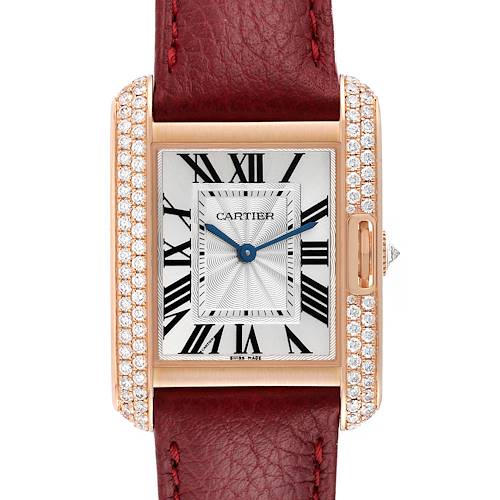 This image shows a Cartier Tank Anglaise watch from the front, displaying its face, bezel with diamonds, and maroon leather strap.