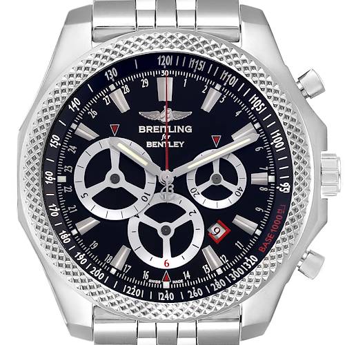 The image shows a Breitling Bentley watch from a front angle, displaying the dial, bezel, and part of the bracelet.