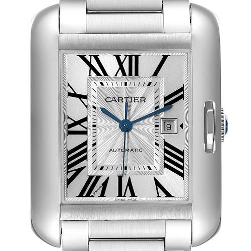 The image shows a front view of a Cartier Tank Anglaise watch with a rectangular case, Roman numerals, and a date window.