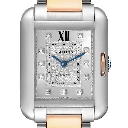 This is a close-up of the Cartier Tank Anglaise watch, showing the dial, hands, and part of the two-tone bracelet.