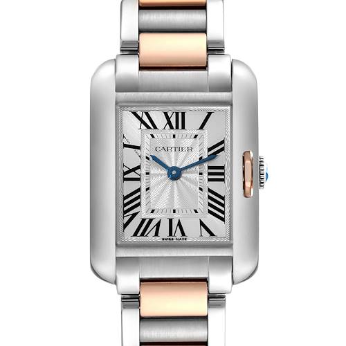 The image shows a front view of a Cartier Tank Anglaise watch, highlighting its rectangular face, Roman numerals, and two-tone bracelet.