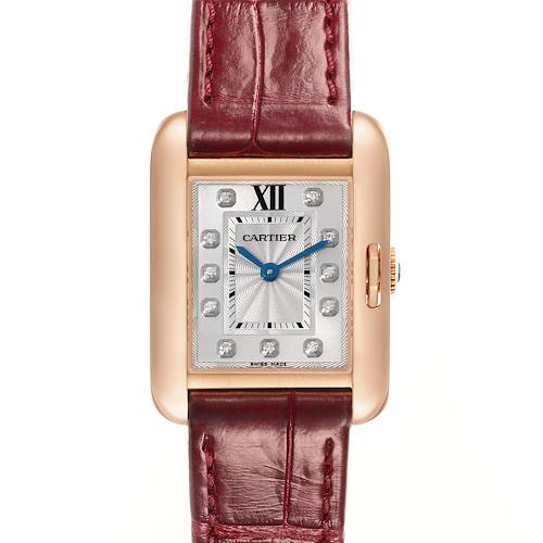 This image shows a front-facing view of a Cartier Tank Anglaise watch with a rectangular dial and a maroon leather strap.