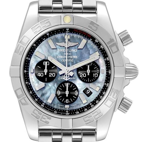 This image shows a front view of a Breitling Chronomat watch, emphasizing the dial, bezel, and chronograph subdials.