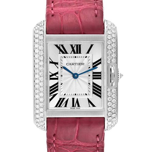 This image shows a front view of the Cartier Tank Anglaise watch, highlighting its dial, case, and pink leather strap.