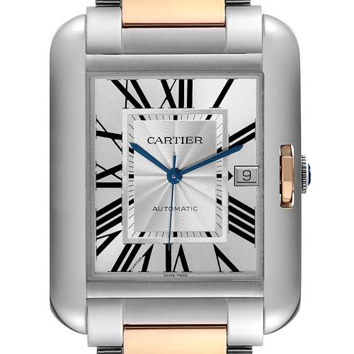 The image shows a front view of the Cartier Tank Anglaise watch, showcasing the dial, Roman numerals, hands, and date window.