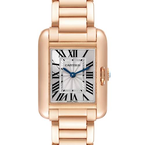 The image shows a front view of the Cartier Tank Anglaise watch, highlighting its rectangular dial and metal bracelet.