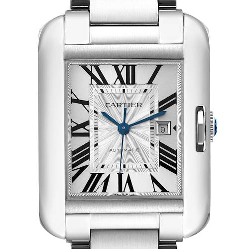 The image shows a close-up of the Cartier Tank Anglaise watch, highlighting its face, Roman numerals, and crown with blue detailing.