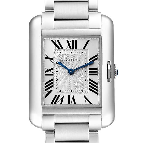 The image shows a front view of the Cartier Tank Anglaise watch, highlighting its face, hands, and part of the bracelet.