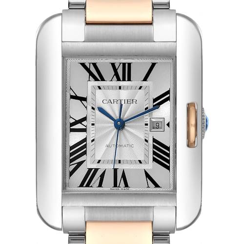 The image shows a front view of the Cartier Tank Anglaise watch, highlighting the face, dial, and part of the bracelet.