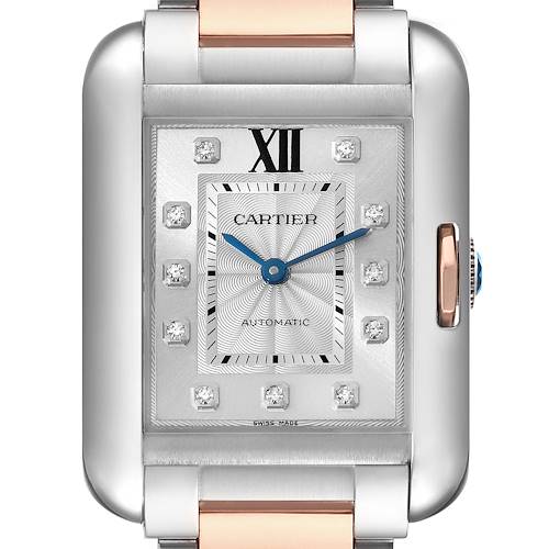 The image shows a close-up, front view of the Tank Anglaise model by Cartier, highlighting the dial and part of the bracelet.