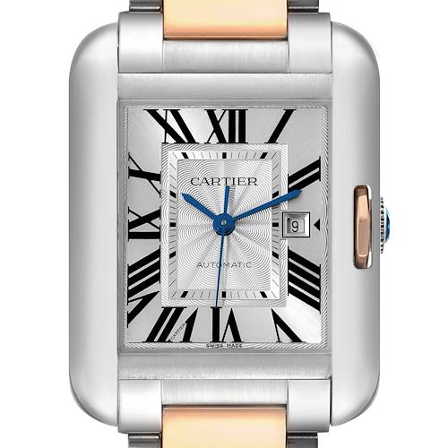 The image shows a close-up of the face and bezel of the Cartier Tank Anglaise watch, detailing the dial, Roman numerals, and hands.