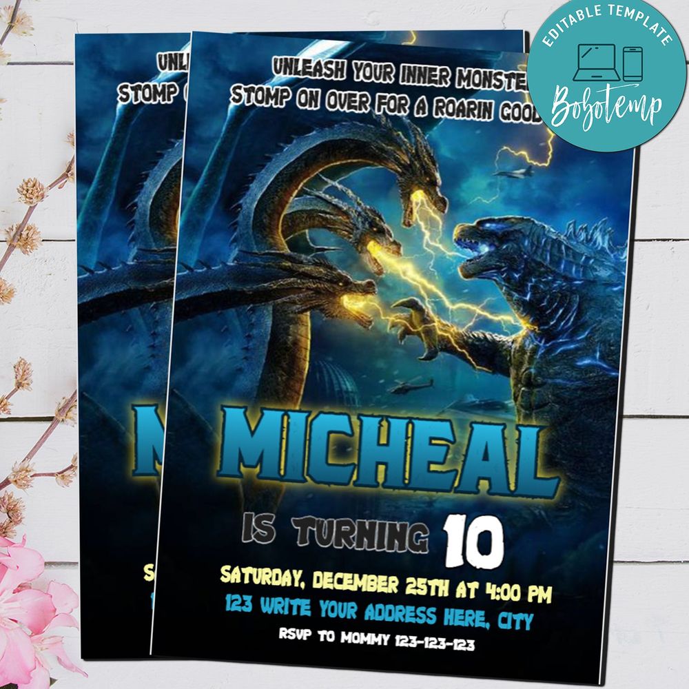 Editable Godzilla Birthday Invitation Digital File