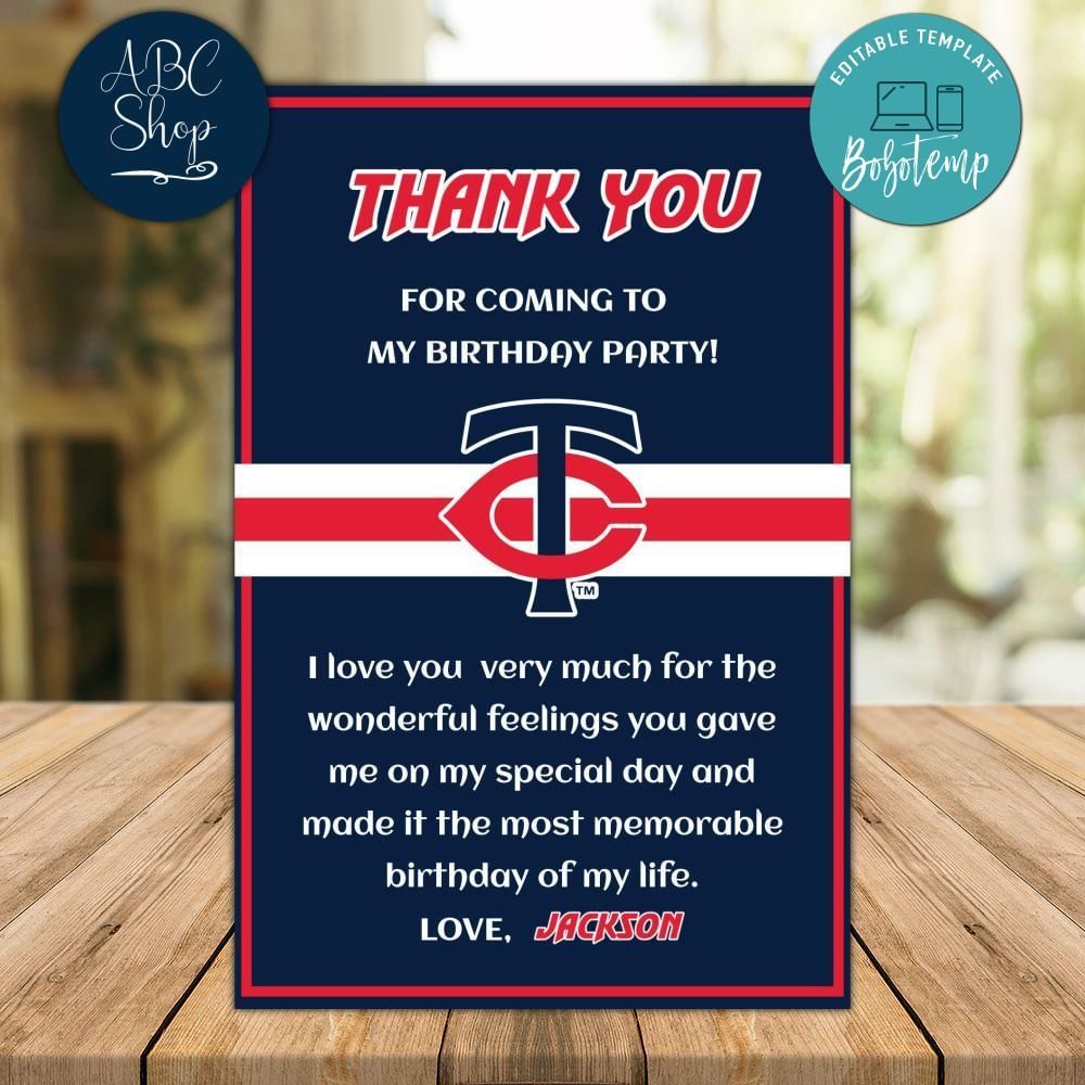 Minnesota Twins Thank you card Template to Print at Home Instant Download