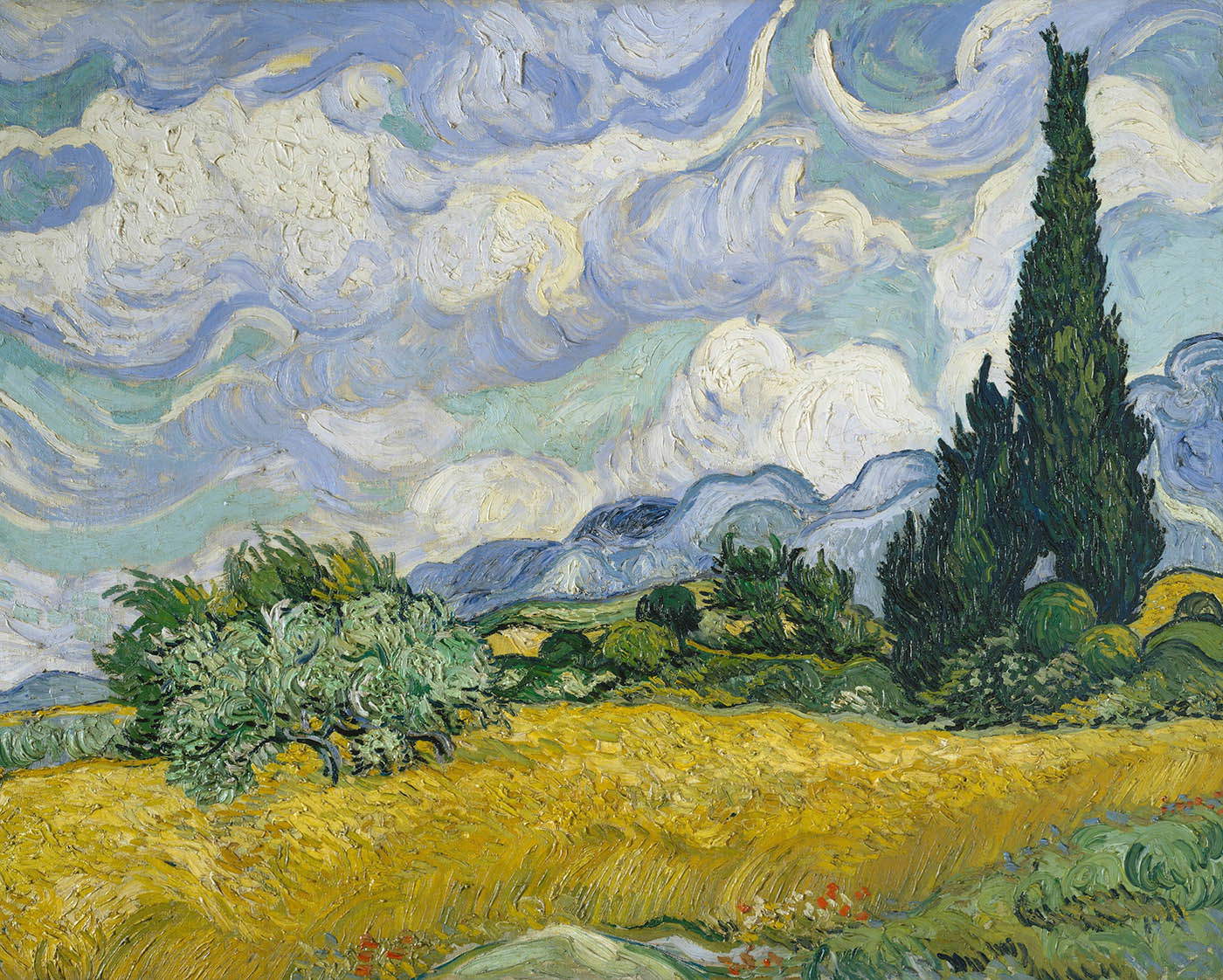 van gogh wheat field with cypresses