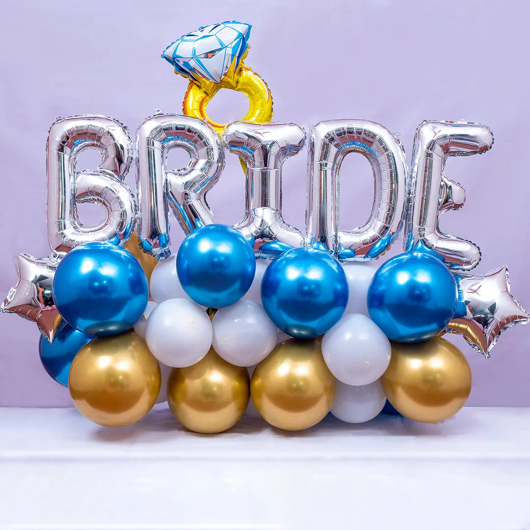 Bride-to-Be Balloon Bouquet with silver foil letters, ring foil and blue golden balloons