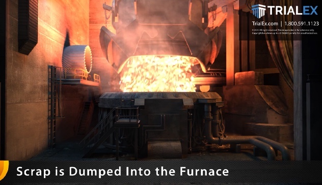 3D animation of factory, industrial furnace, fuel spill and explosion, forklift accident, back hoe moving metal dust causing an explosion, exposed fuel rods that cause a fire