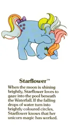 Size: 550x1000 | Tagged: safe, derpibooru import, official, starflower, pony, unicorn, g1, adoraflower, bow, closed mouth, cute, female, g1 backstory, horn, image, jpeg, mare, my little pony fact file, rainbow ponies, smiling, solo, tail, tail bow, text