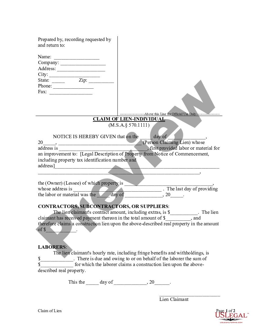 Michigan Claim of Lien by Individual | US Legal Forms