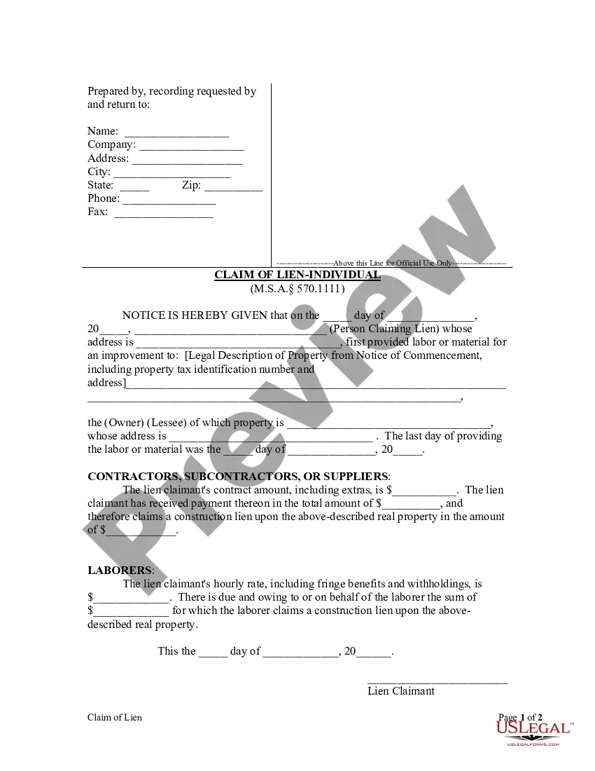 Michigan Claim of Lien by Individual - Claim Of Lien Form Michigan | US ...