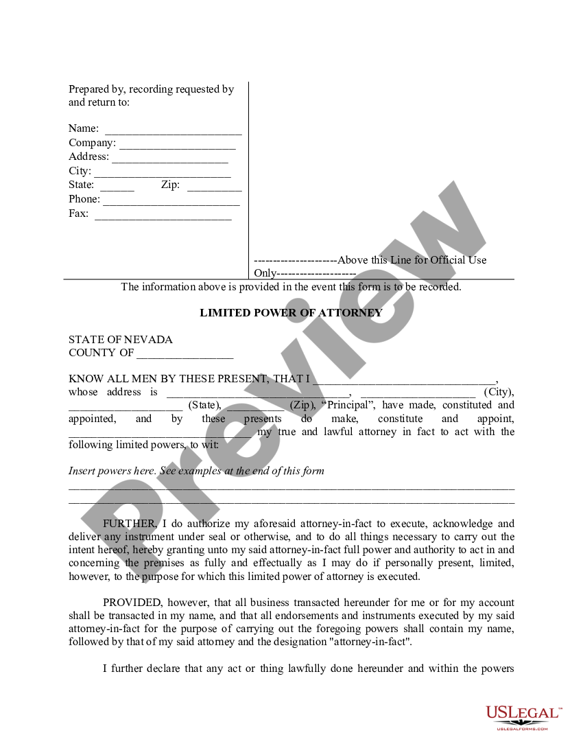 Nevada Limited Power of Attorney where you Specify Powers with Sample ...