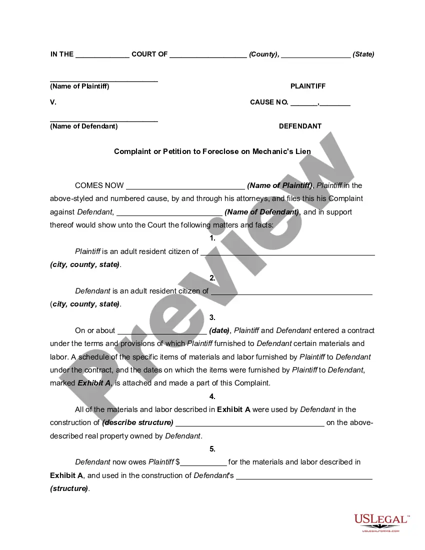 Complaint or Petition to Foreclose on Mechanic's Lien - Compliant Of ...