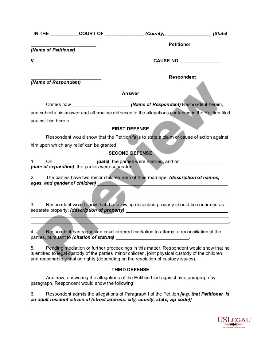 Answer or Response to Petition or Complaint for Dissolution of Marriage ...