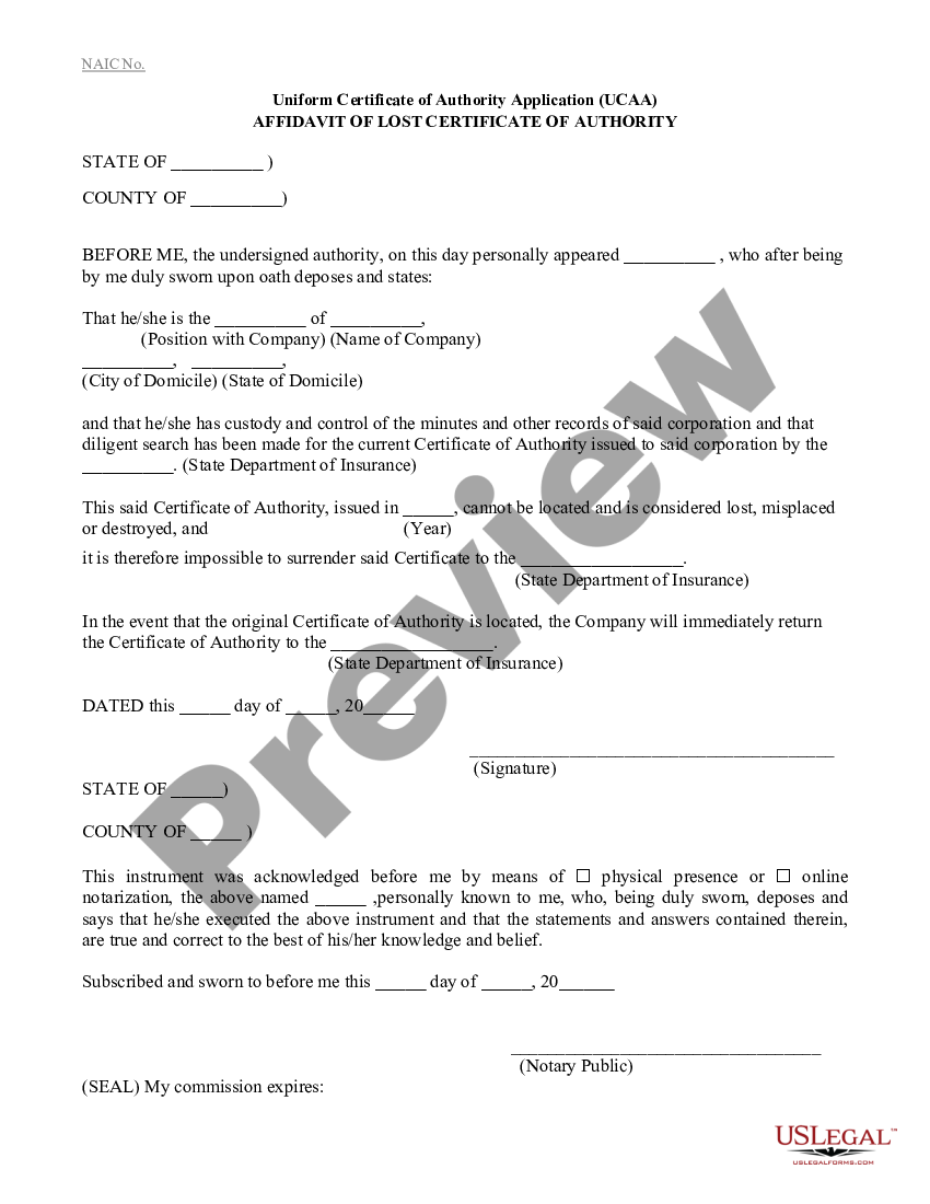 Affidavit of Lost Certificate of Authority | US Legal Forms