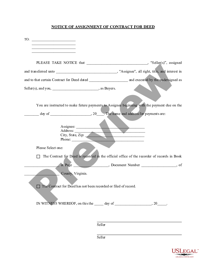 Virginia Notice of Assignment of Contract for Deed - Virginia Contract ...