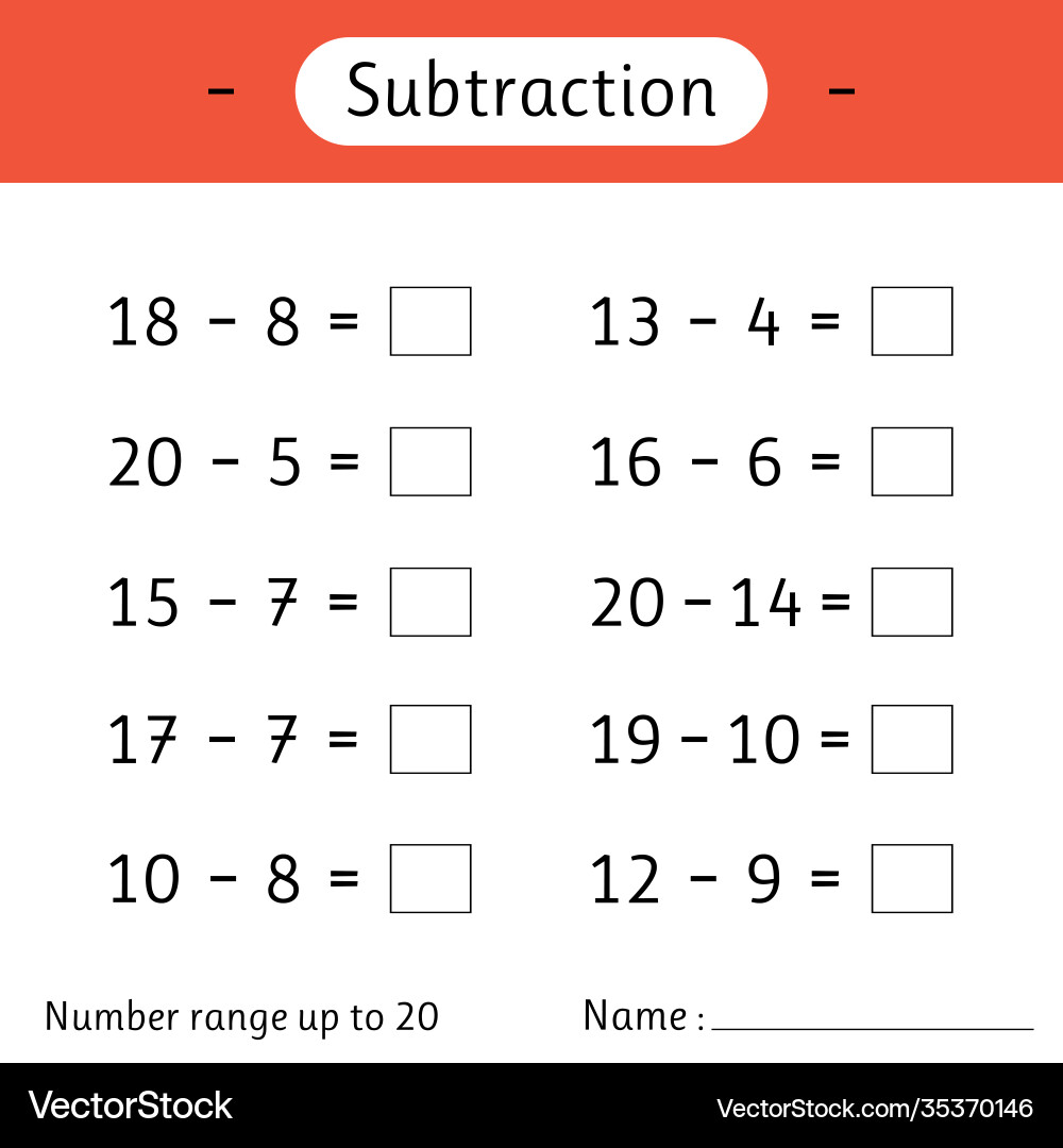 Subtraction number range up to 20 math worksheet Vector Image