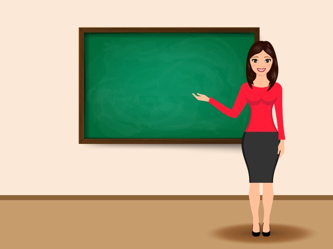 Cartoon female teacher standing next to a blackboa