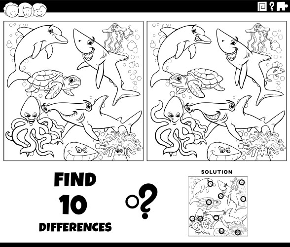 Differences game with marine animals coloring page