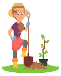 Farmer planting small plant on the ground isolated