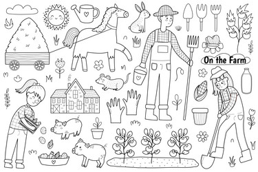 Black and white cute farm set with animals Vector Image