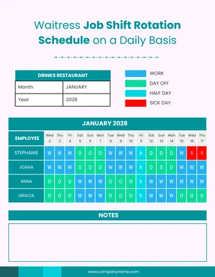 Free  Template: Teal Waitress Job Shift Rotation Schedule Template