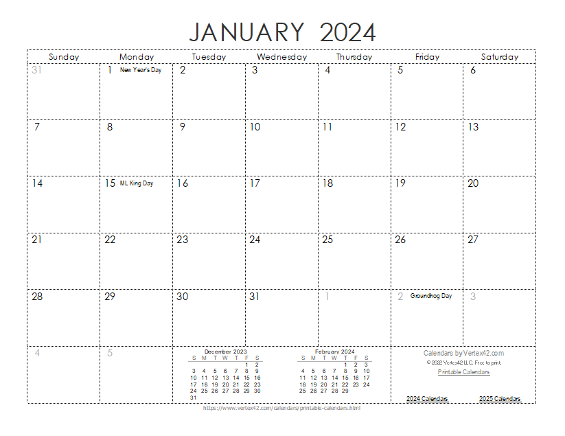 Free Printable 2024 Monthly Calendar With Holidays