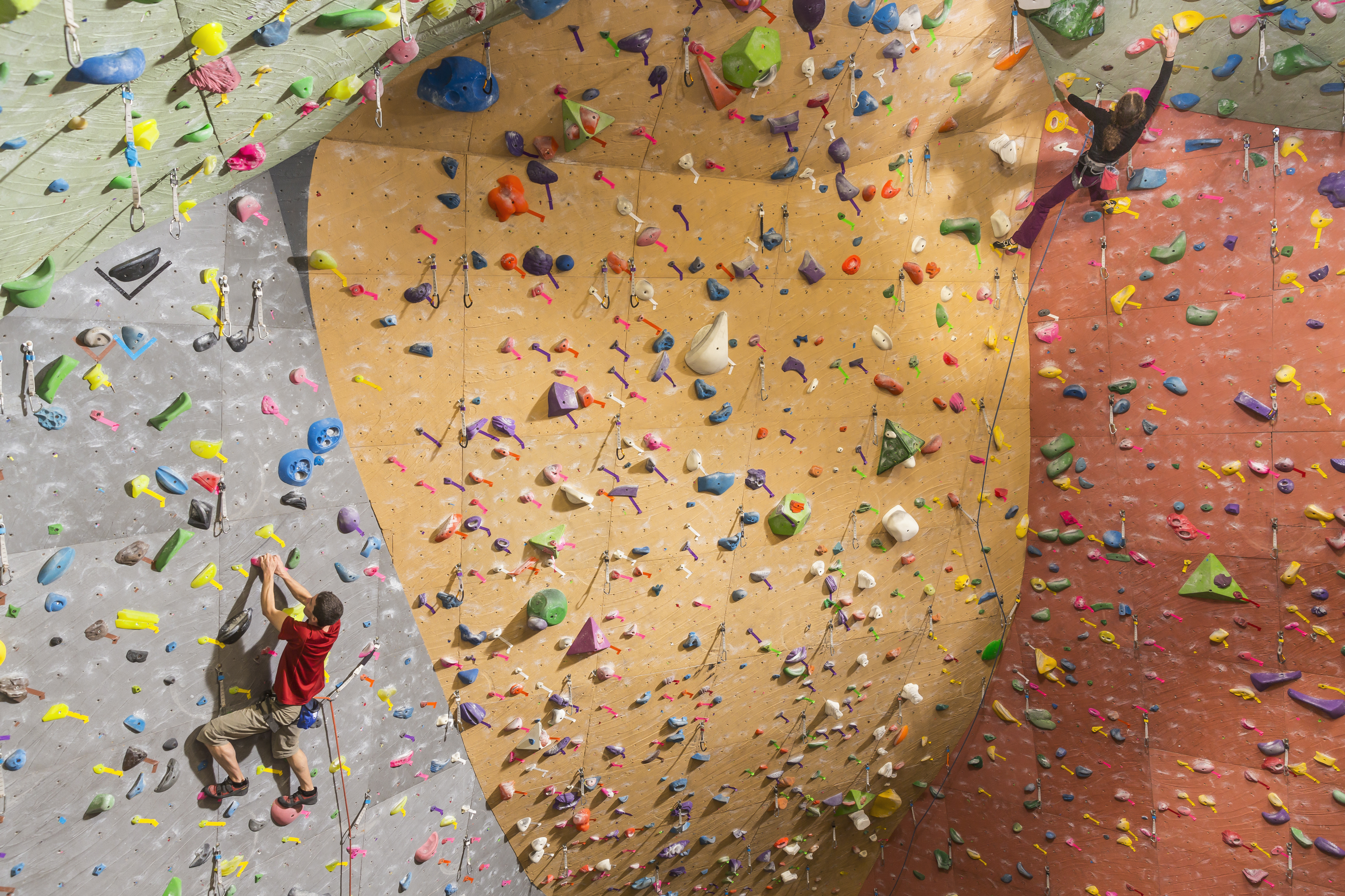 A gray, orange, and red wall take irregular paths upwards and curve onto a ceiling. Each has colorful holds for grabbing. A man is climbing up the gray wall.