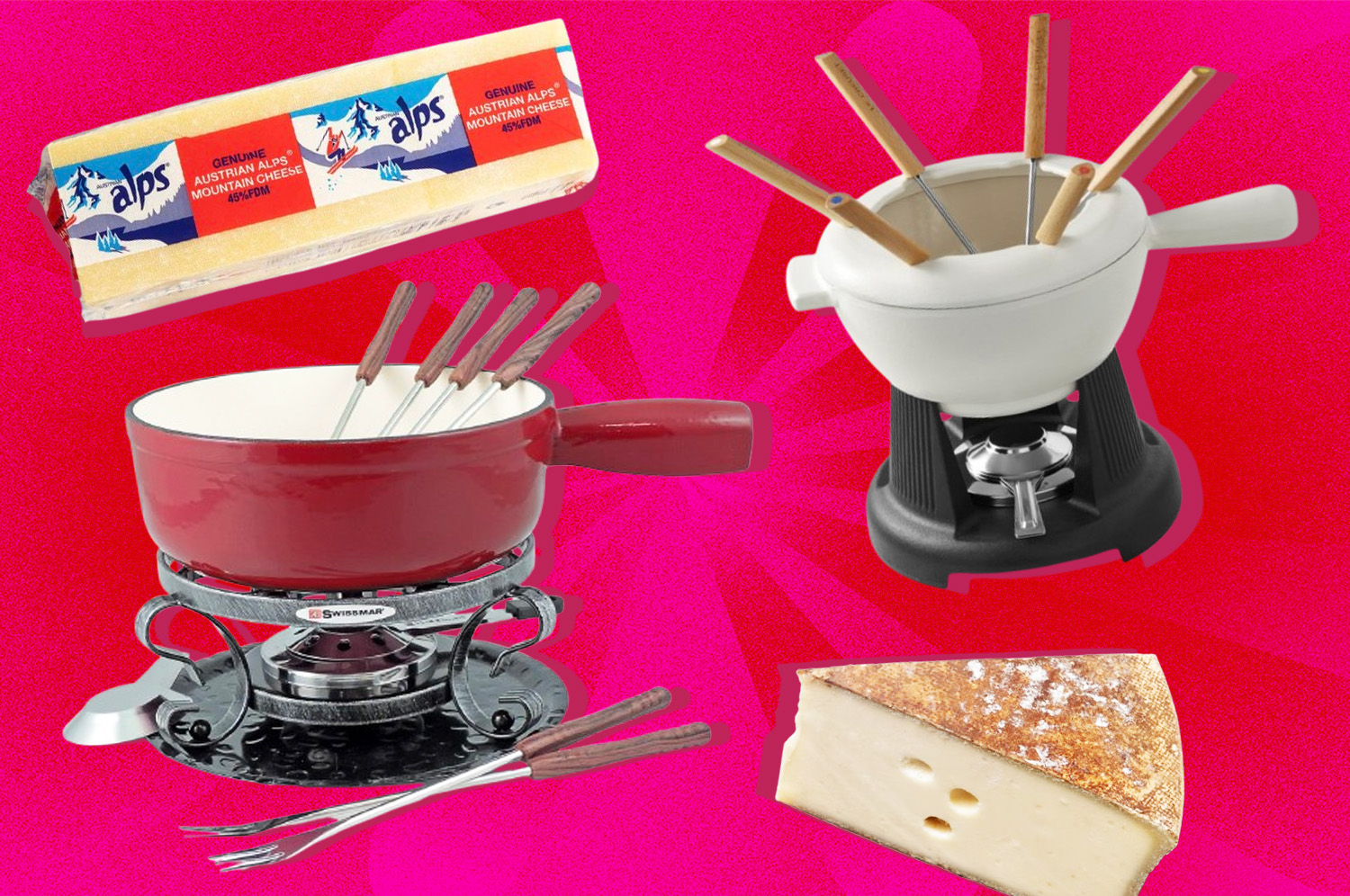 Photo-collage of fondue pots with wants and wedges of cheese.