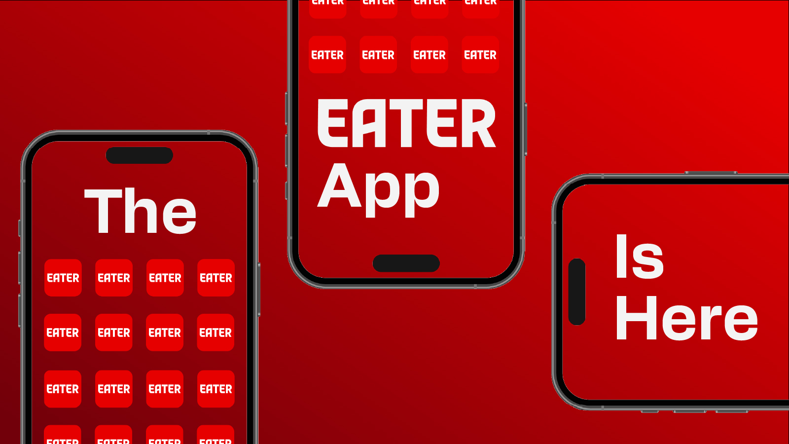 An image of three phones displaying the Eater app on a red background.