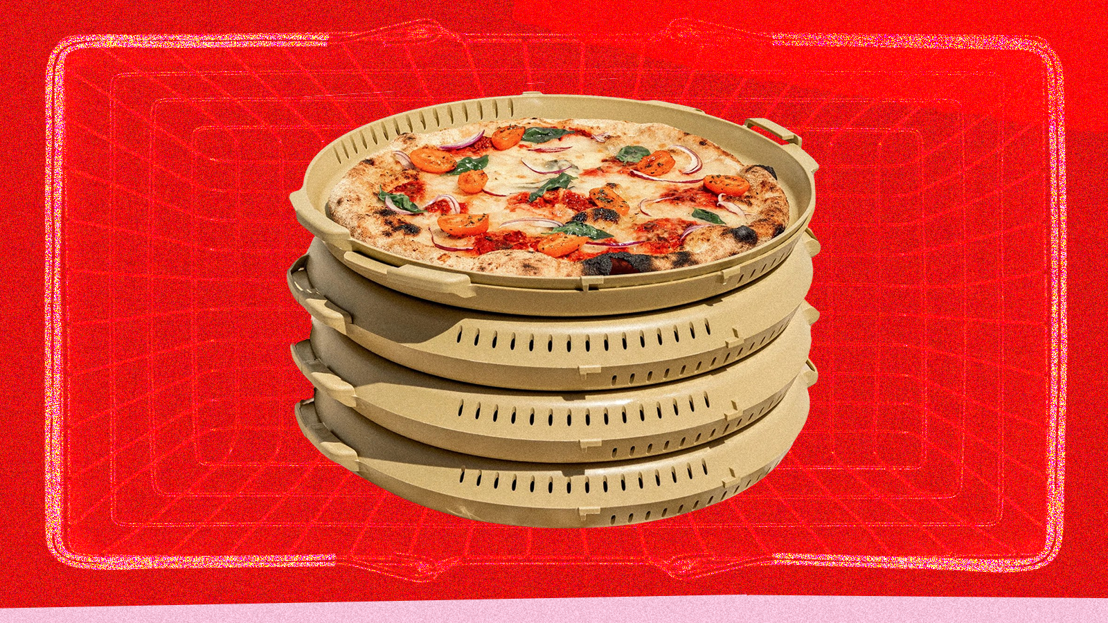 a stack of pizzycle containers with a pizza displayed on top