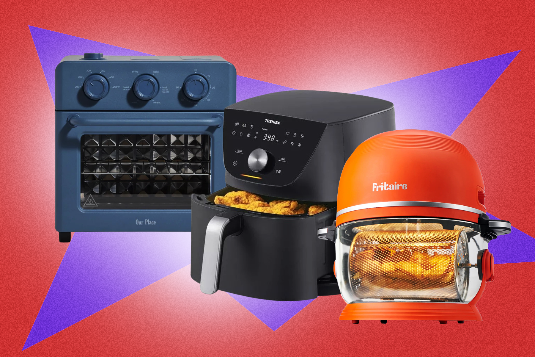 Three air fryers, including a boxy navy blue model, black Toshiba, and an orange model with glass front. 