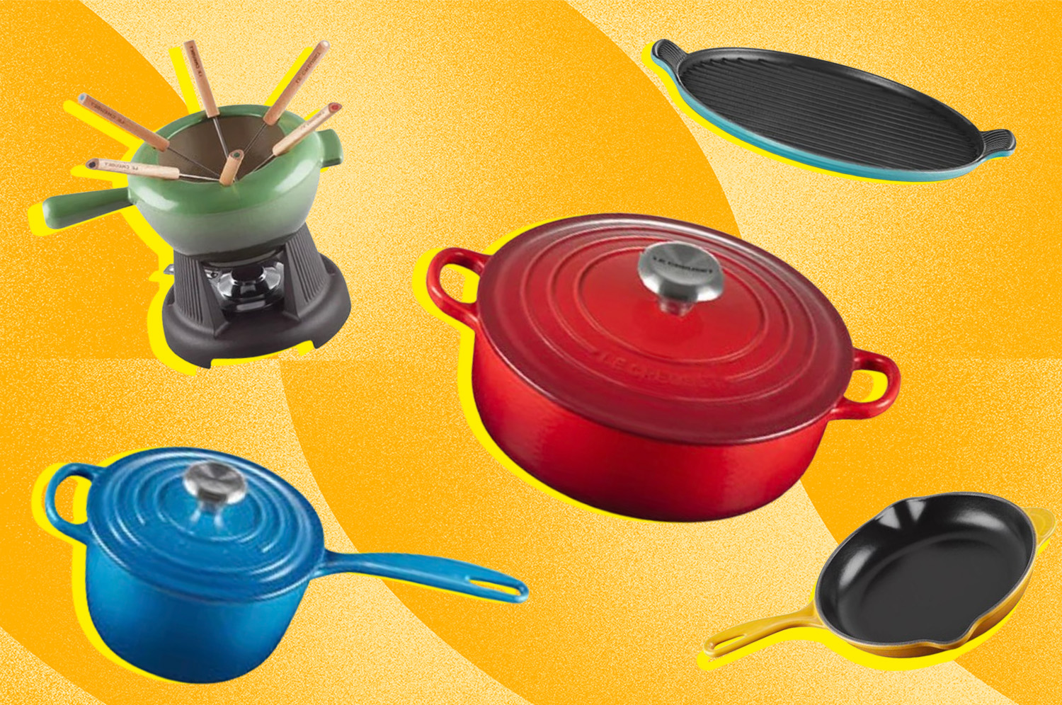 A collage of Le Creuset cookware.