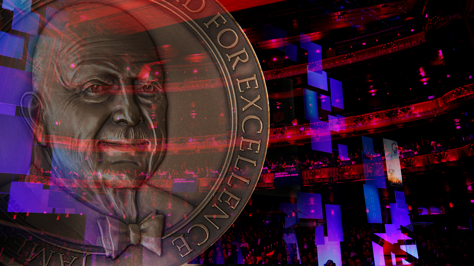 An illustration of a James Beard medal over the Lyric Opera House.