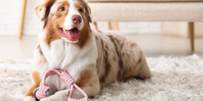 Mignonne chien australien Shepherd avec un jouet couché sur un tapis à la maison