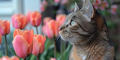 Un chat devant des tulipes