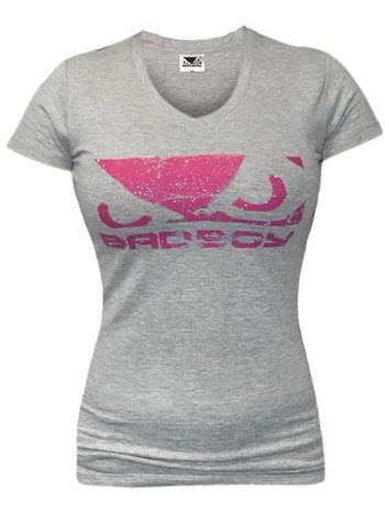 Bad Boy Bad Boy Logo Womens V Neck T Shirt Grey Pink