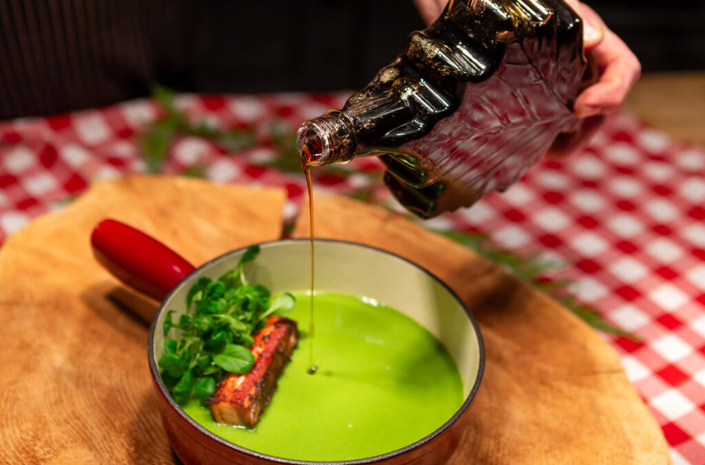 The green pea soup on the sugar shack menu at Bearfoot Bistro in Whistler.