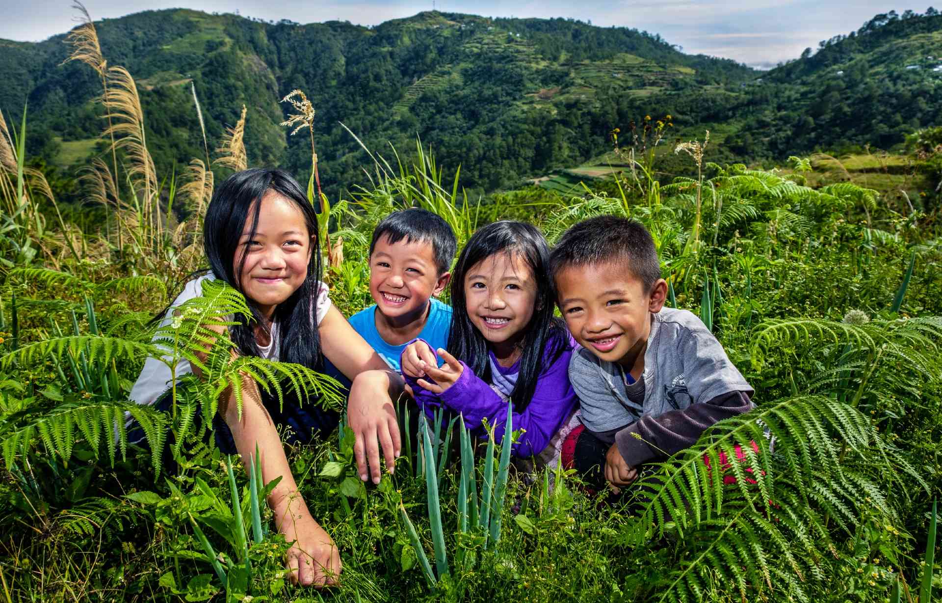 Four children sitting in high grass smiling towards the camera.