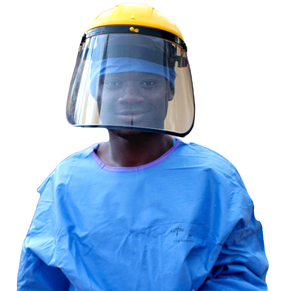 An man from Guinea that is wearing a blue protective gown and head shield.