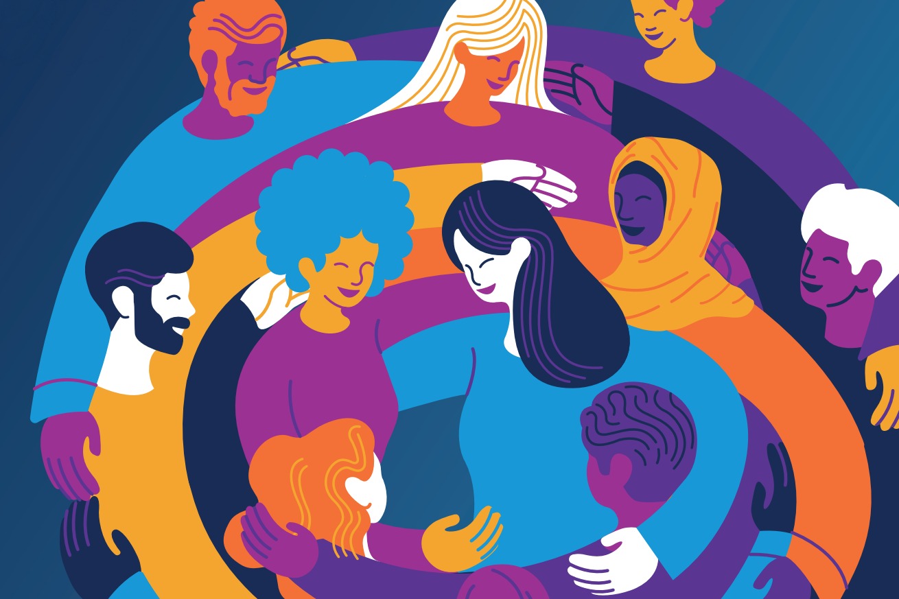 Illustration of people in blue, purple and orange colour shades, holding each other's shoulders and forming a spiraling circle.